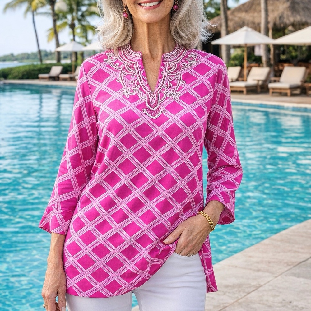 Brooks Brothers Pink White Pattern Tunic with Beaded Neckline Size Small